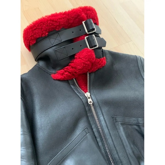Sandro Black Leather Jacket with Red Shearling Trim - Picture 5 of 6